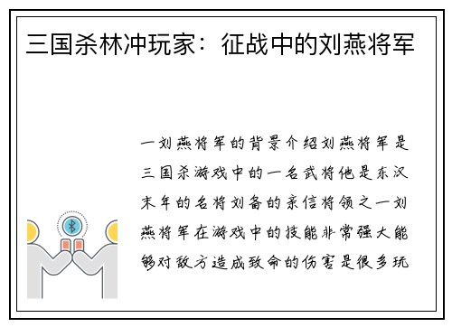 三国杀林冲玩家：征战中的刘燕将军